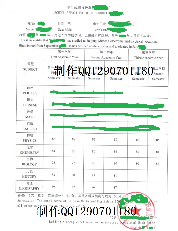 最新高中三年中英文成绩单